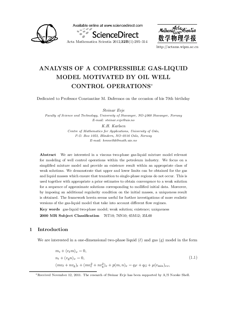 Analysis of a compressible gas-liquid model motivated by oil well control operations 