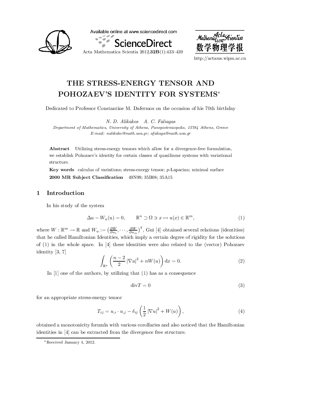 The Stress-Energy Tensor and Pohozaev's Identity for Systems