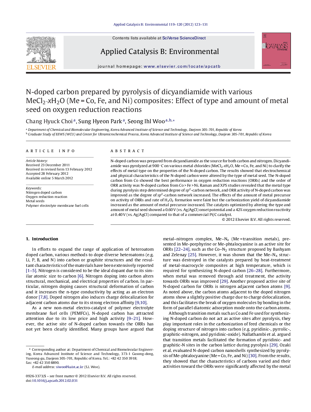 N-doped carbon prepared by pyrolysis of dicyandiamide with various MeCl2·xH2O (Me = Co, Fe, and Ni) composites: Effect of type and amount of metal seed on oxygen reduction reactions