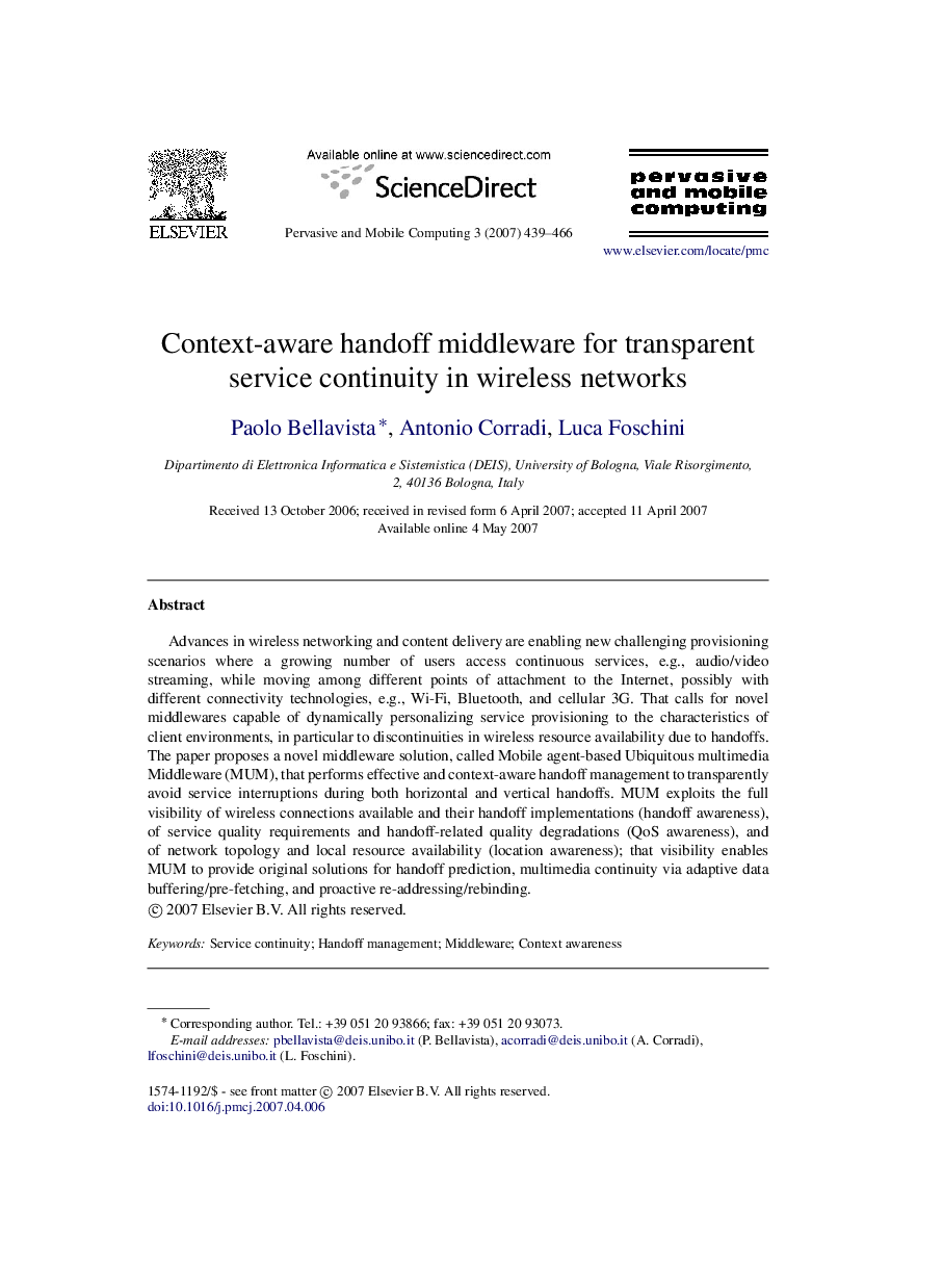 Context-aware handoff middleware for transparent service continuity in wireless networks