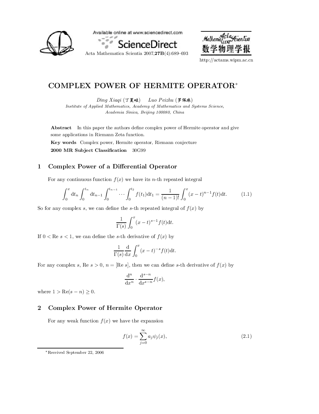 Complex power of Hermite operator