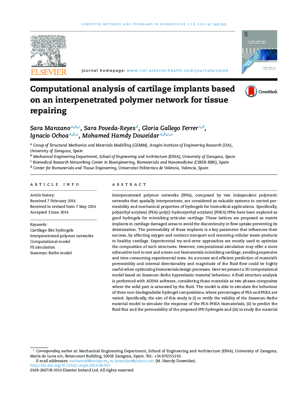 Computational analysis of cartilage implants based on an interpenetrated polymer network for tissue repairing