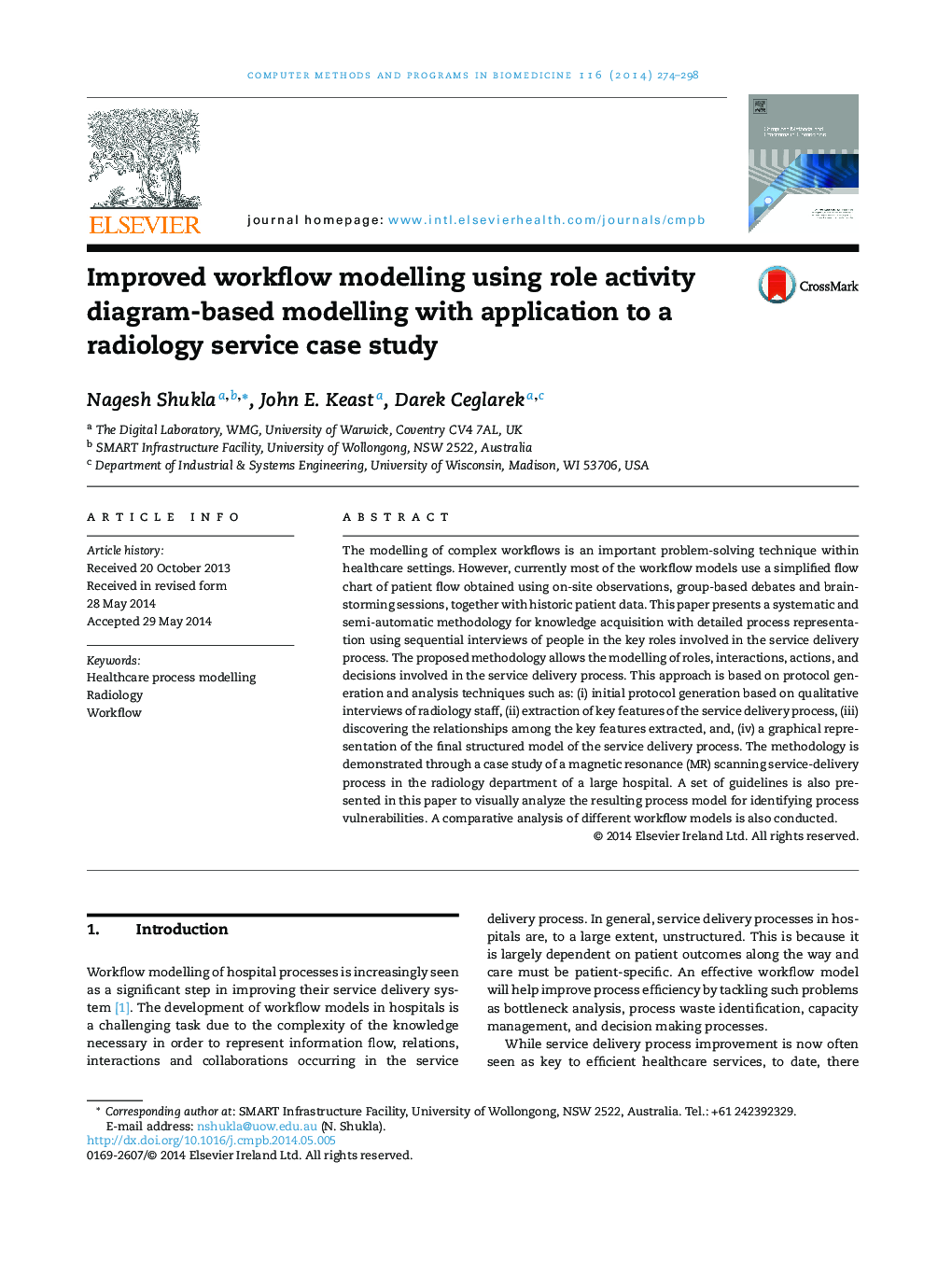 Improved workflow modelling using role activity diagram-based modelling with application to a radiology service case study