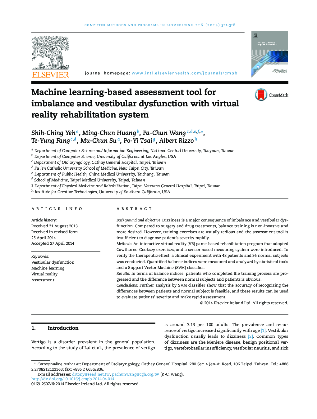 Machine learning-based assessment tool for imbalance and vestibular dysfunction with virtual reality rehabilitation system