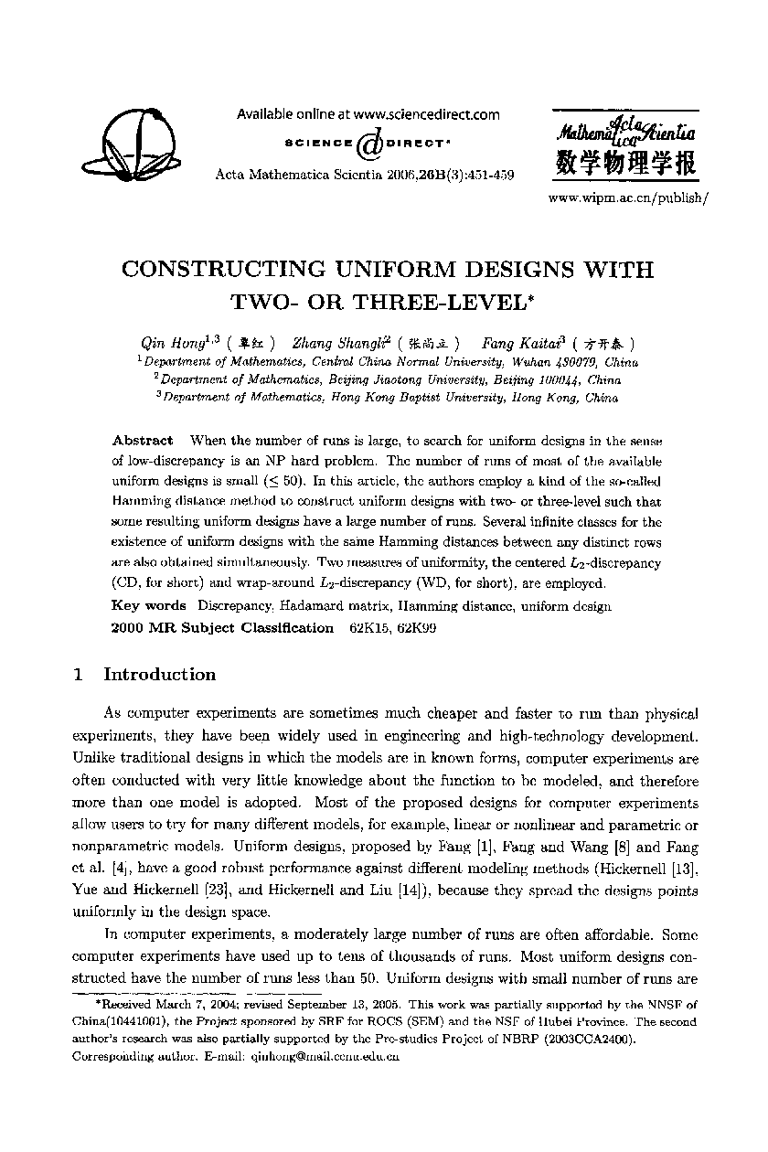 CONSTRUCTING UNIFORM DESIGNS WITH TWO- OR THREE-LEVEL* 