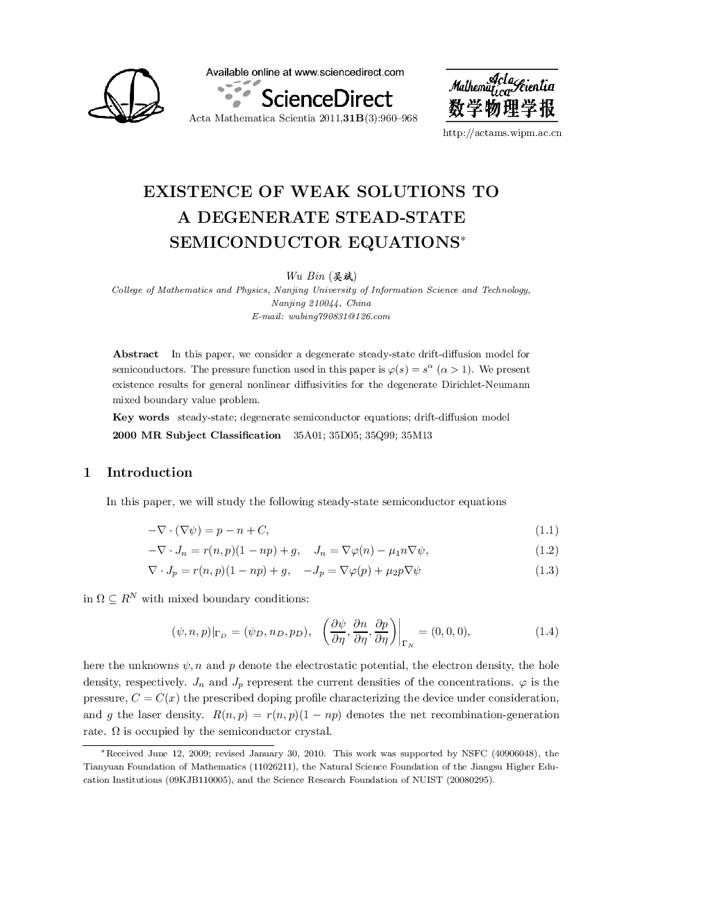 Existence of weak solutions to a degenerate stead-state semiconductor equations 