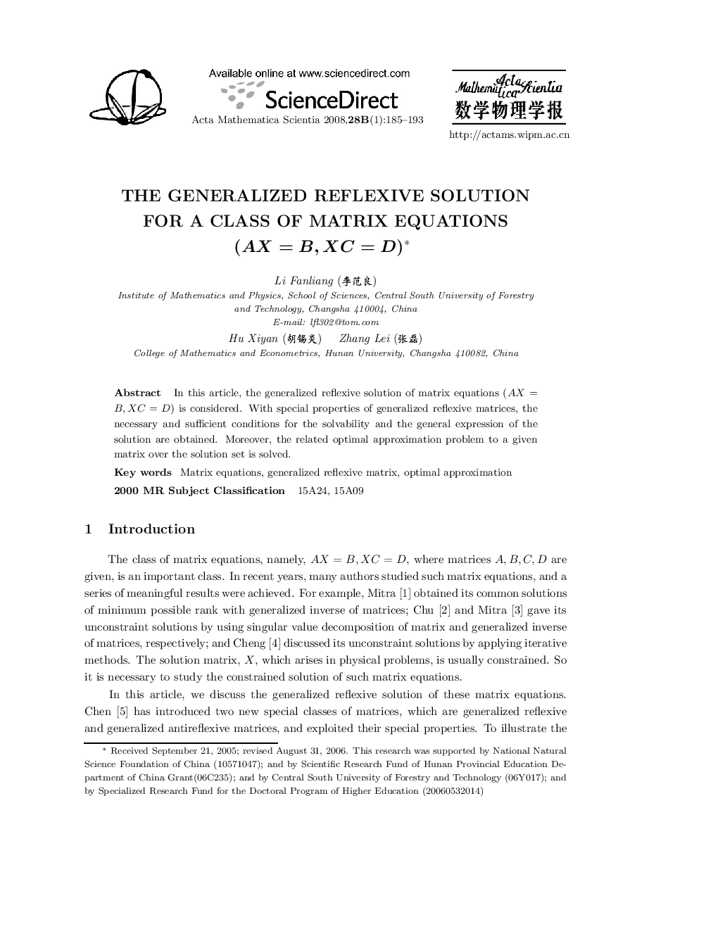 The Generalized Reflexive Solution for a Class of Matrix Equations (AX=B, XC=D) 