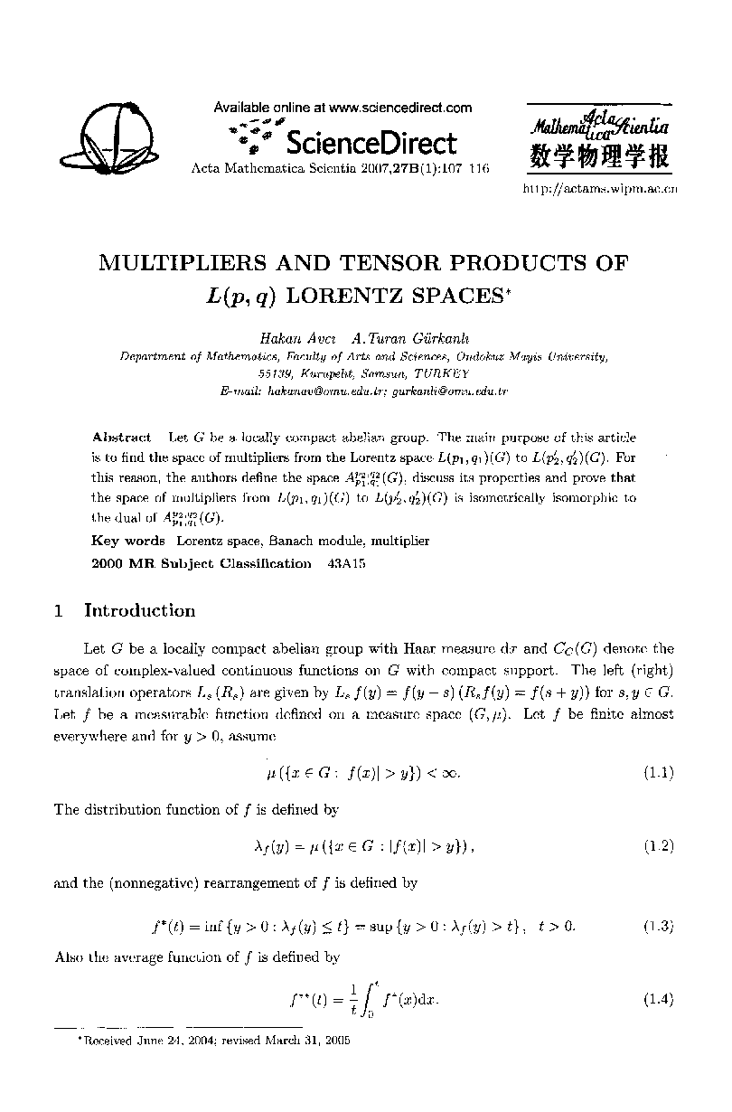 Multipliers and tensor products of L(p, q) Lorentz spaces