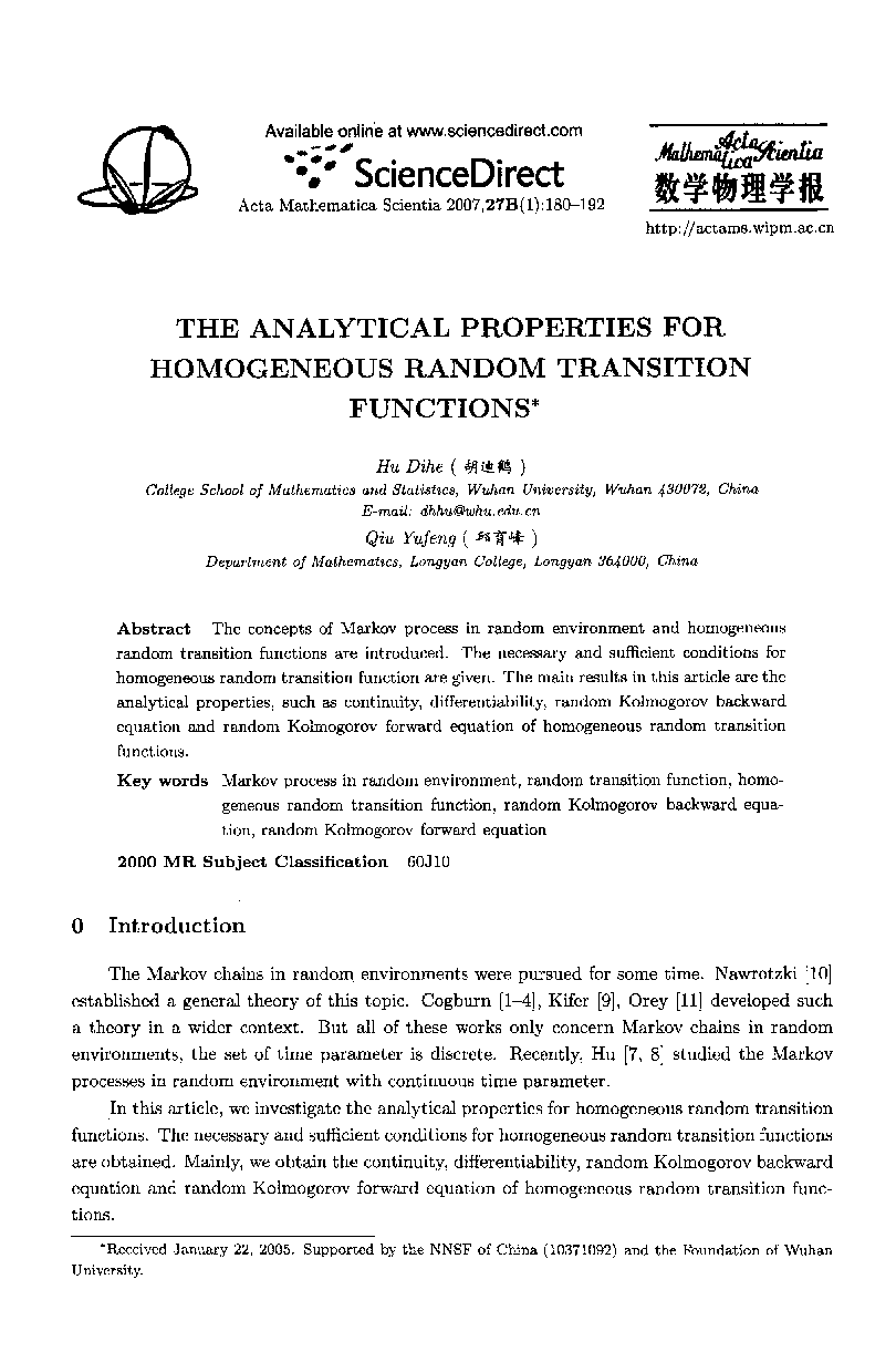 The analytical properties for homogeneous random transition functions* 