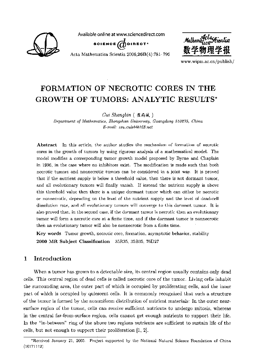 FORMATION OF NECROTIC CORES IN THE GROWTH OF TUMORS: ANALYTIC RESULTS* 