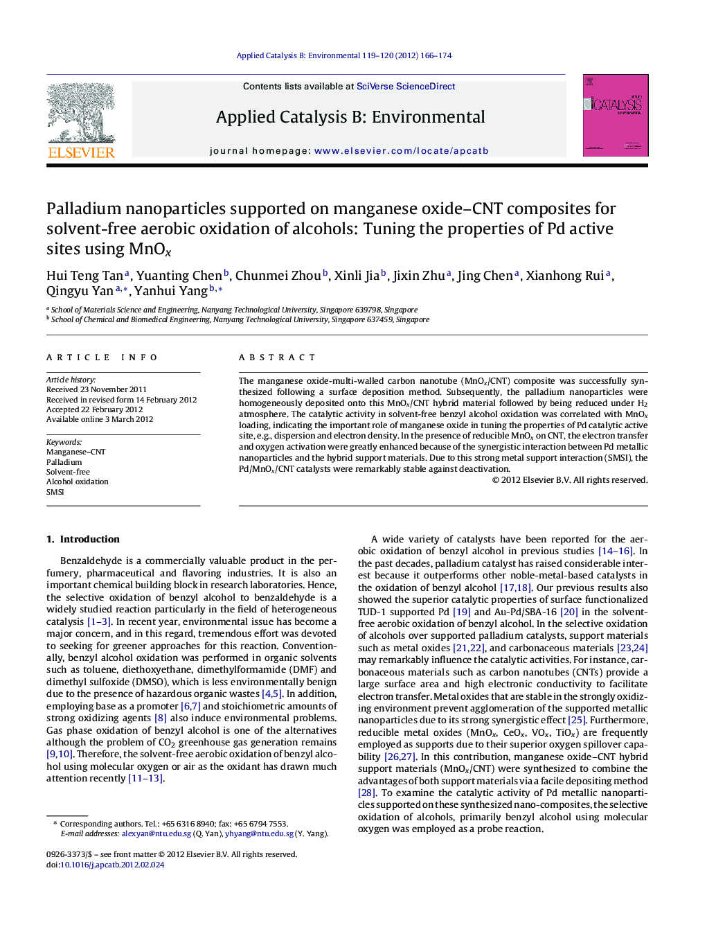 Palladium nanoparticles supported on manganese oxide–CNT composites for solvent-free aerobic oxidation of alcohols: Tuning the properties of Pd active sites using MnOx