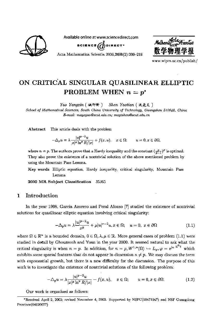 ON CRITICAL SINGULAR QUASILINEAR ELLIPTIC PROBLEM WHEN n = p *