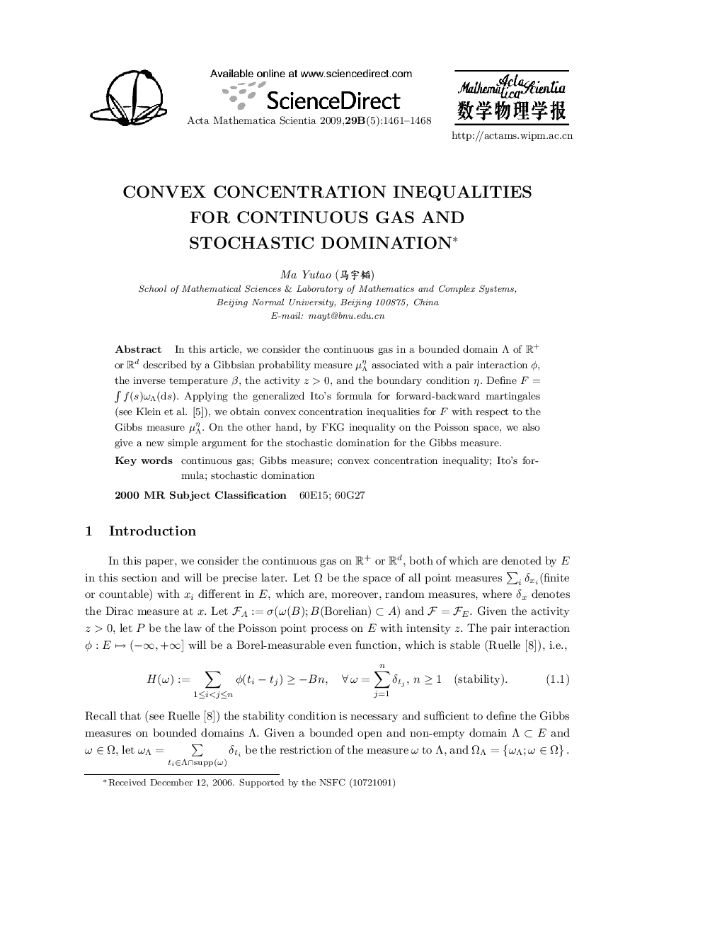 Convex concentration inequalities for continuous gas and stochastic domination 