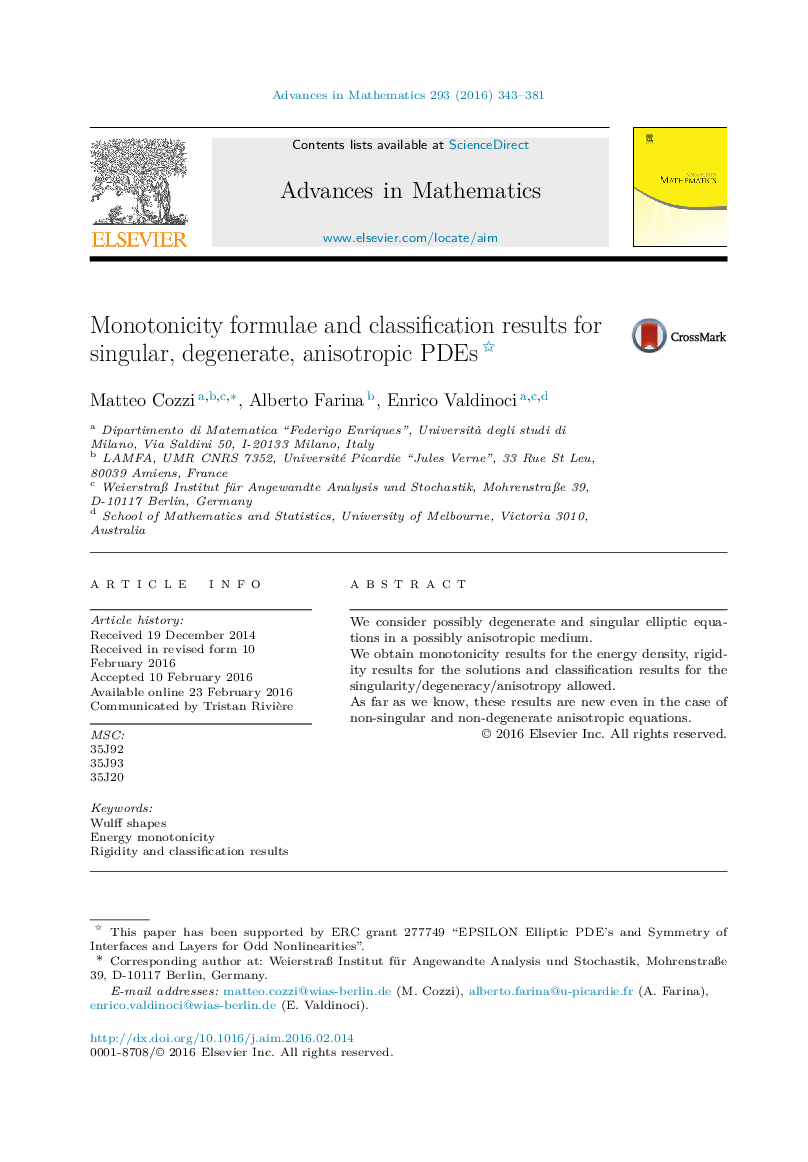 عکس صفحه اول مقاله: Monotonicity formulae and classification results for singular, degenerate, anisotropic PDEs Monotonicity formulae and classification results for singular, degenerate, anisotropic PDEs