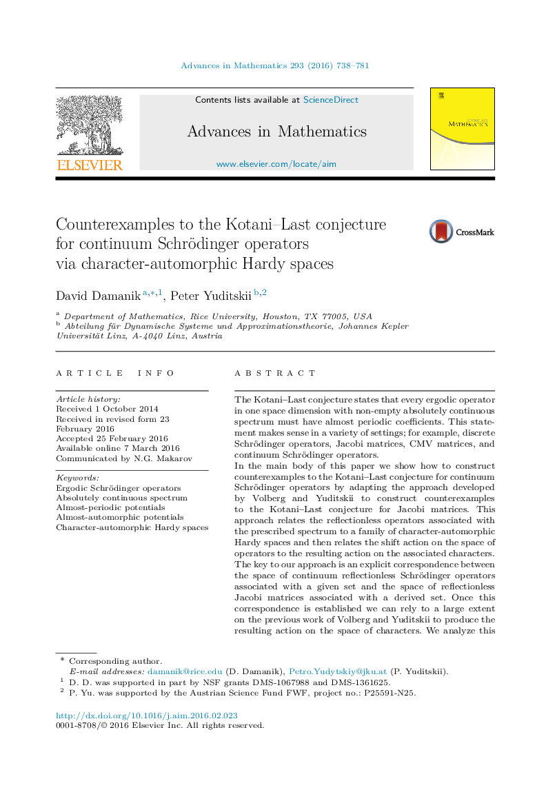 عکس صفحه اول مقاله: Counterexamples to the Kotani–Last conjecture for continuum Schrödinger operators via character-automorphic Hardy spaces Counterexamples to the Kotani–Last conjecture for continuum Schrödinger operators via character-automorphic Hardy spaces