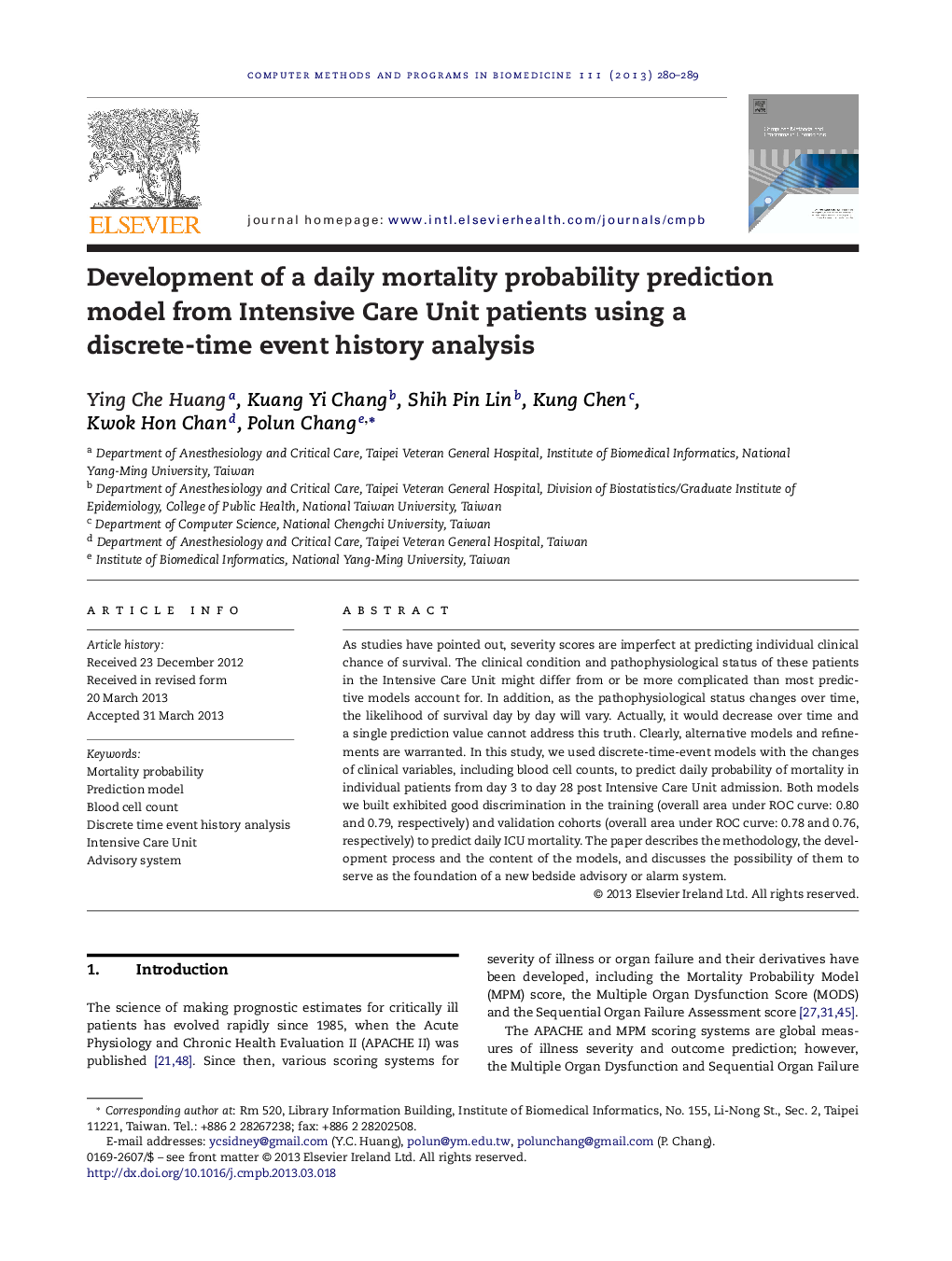 Development of a daily mortality probability prediction model from Intensive Care Unit patients using a discrete-time event history analysis