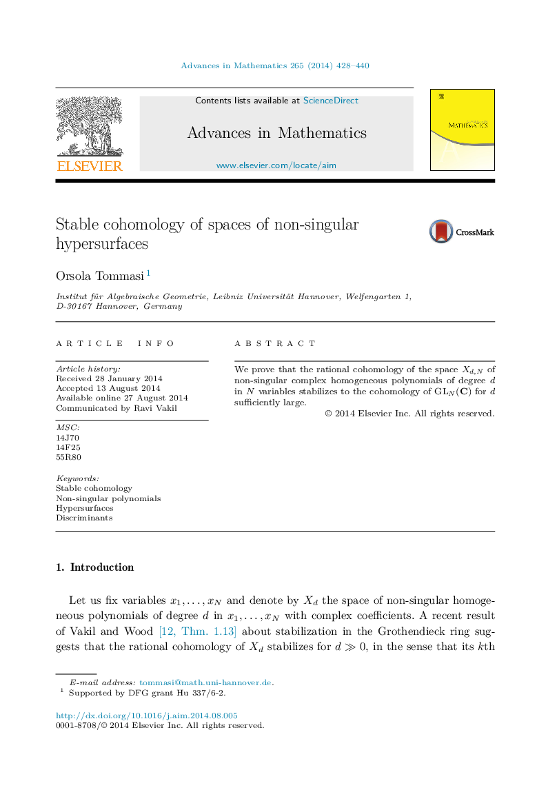 Stable cohomology of spaces of non-singular hypersurfaces