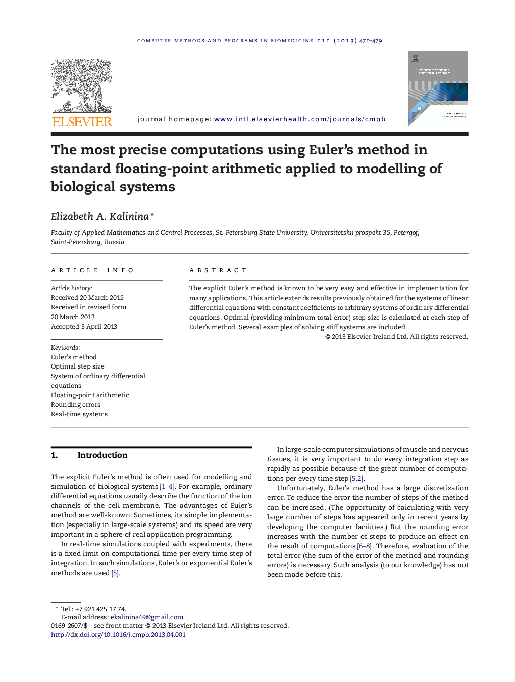 The most precise computations using Euler's method in standard floating-point arithmetic applied to modelling of biological systems