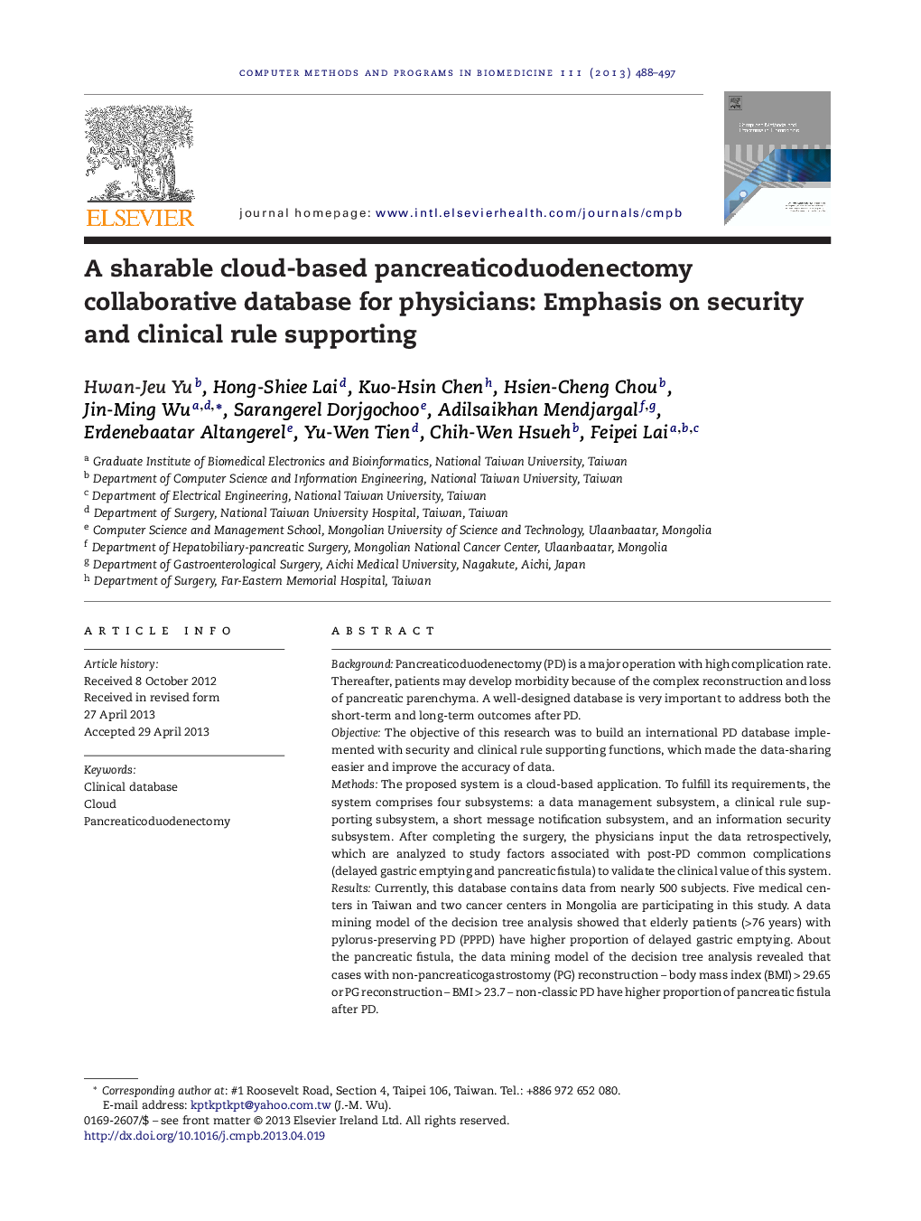 A sharable cloud-based pancreaticoduodenectomy collaborative database for physicians: Emphasis on security and clinical rule supporting