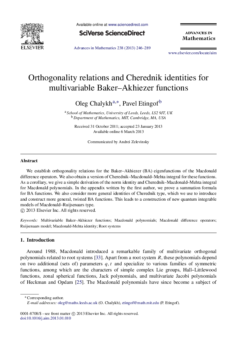 Orthogonality relations and Cherednik identities for multivariable Baker–Akhiezer functions