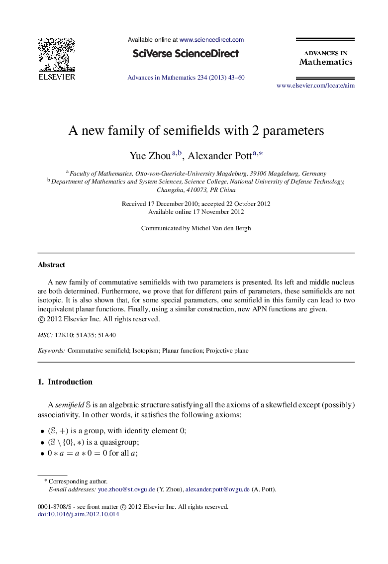 A new family of semifields with 2 parameters