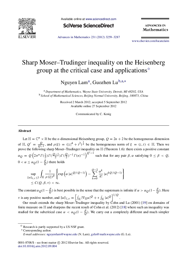 Sharp Moser–Trudinger inequality on the Heisenberg group at the critical case and applications 