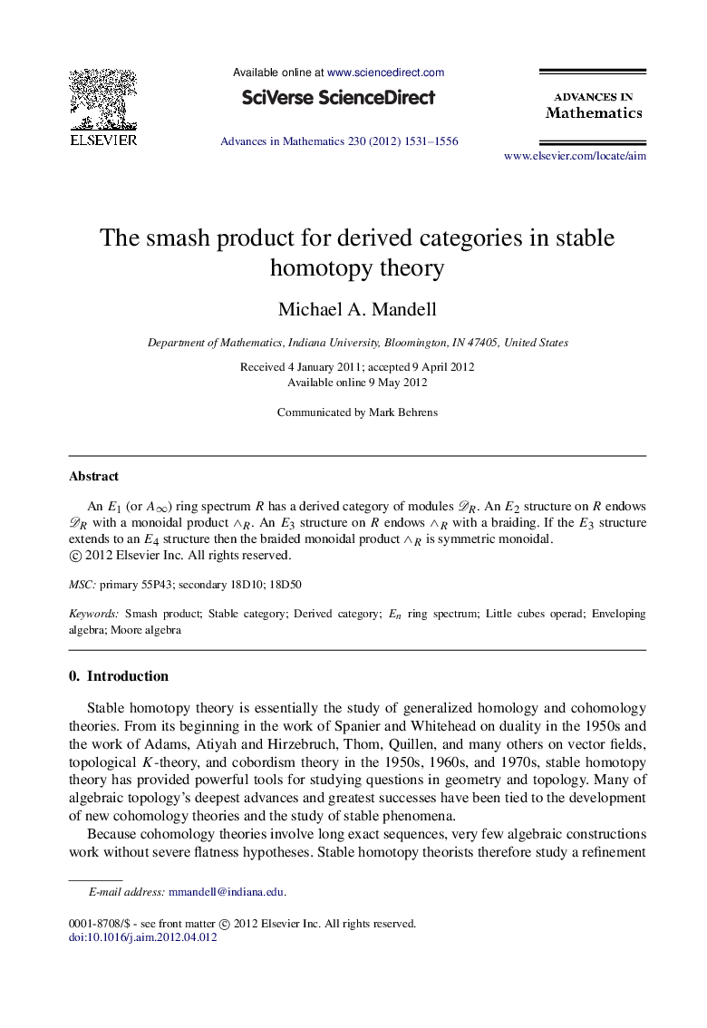 عکس صفحه اول مقاله: The smash product for derived categories in stable homotopy theory The smash product for derived categories in stable homotopy theory