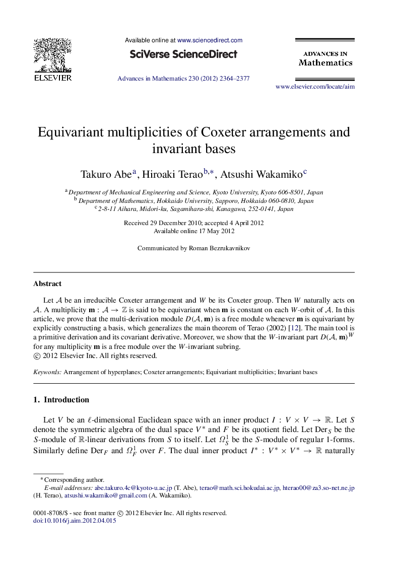 Equivariant multiplicities of Coxeter arrangements and invariant bases