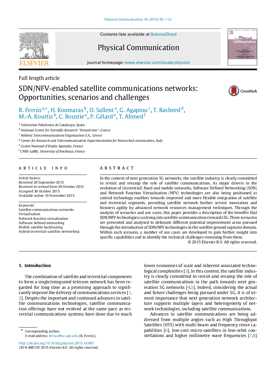 SDN/NFV-enabled satellite communications networks: Opportunities, scenarios and challenges