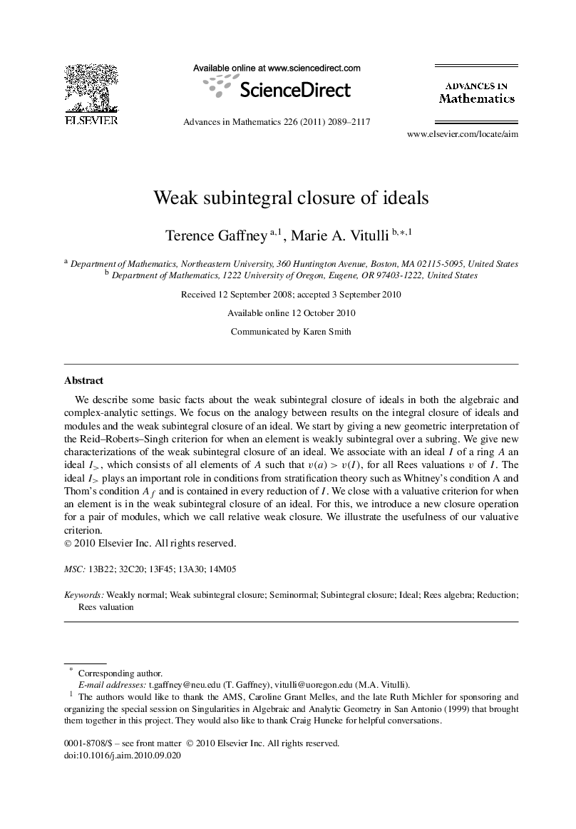 عکس صفحه اول مقاله: Weak subintegral closure of ideals Weak subintegral closure of ideals