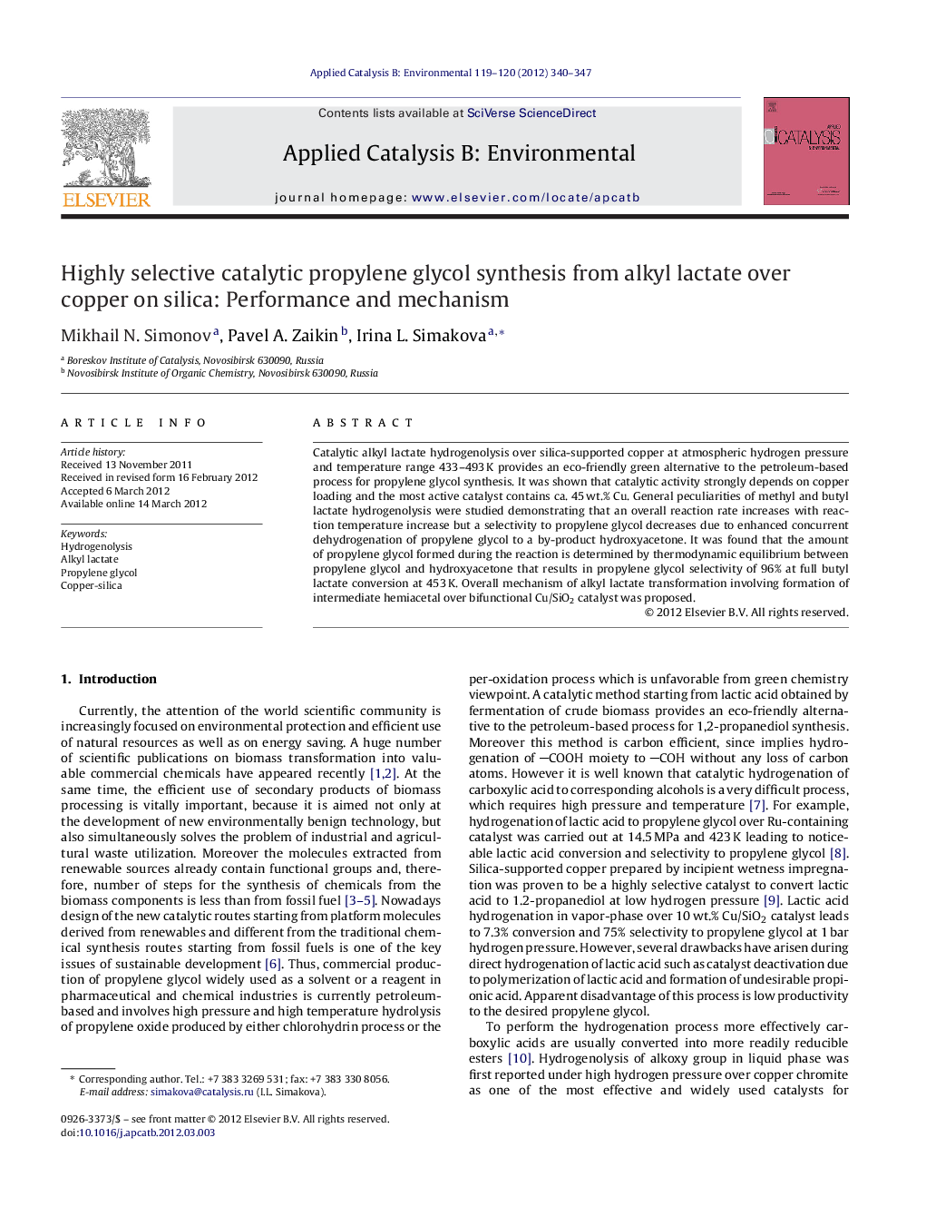 عکس صفحه اول مقاله: Highly selective catalytic propylene glycol synthesis from alkyl lactate over copper on silica: Performance and mechanism Highly selective catalytic propylene glycol synthesis from alkyl lactate over copper on silica: Performance and mechanism