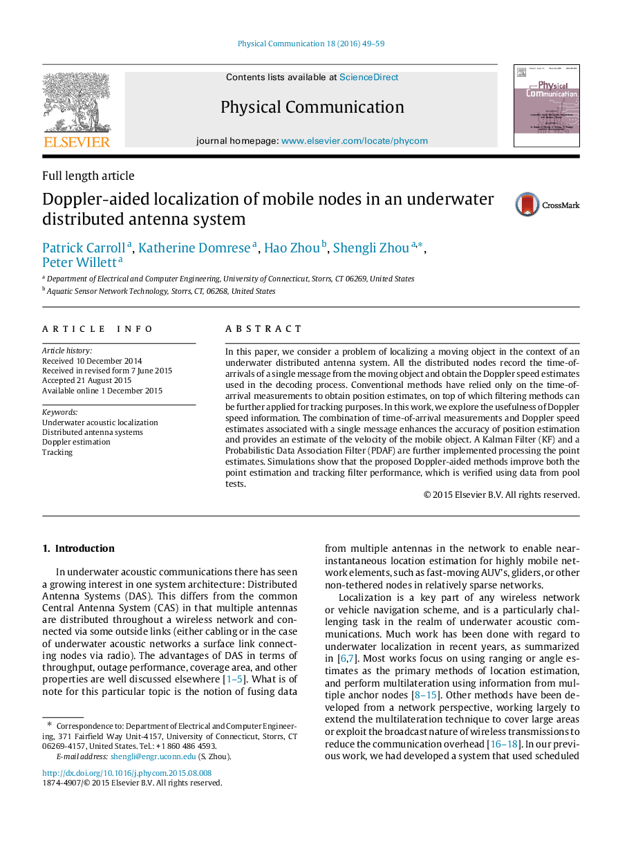 Doppler-aided localization of mobile nodes in an underwater distributed antenna system