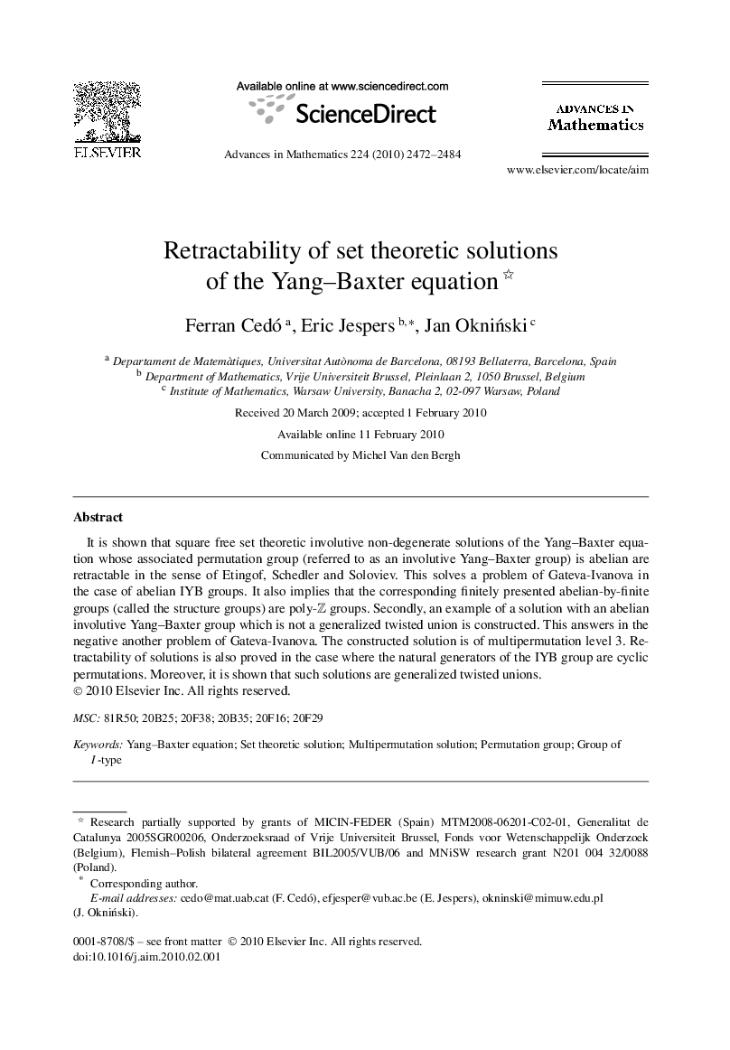 عکس صفحه اول مقاله: Retractability of set theoretic solutions of the Yang–Baxter equation Retractability of set theoretic solutions of the Yang–Baxter equation