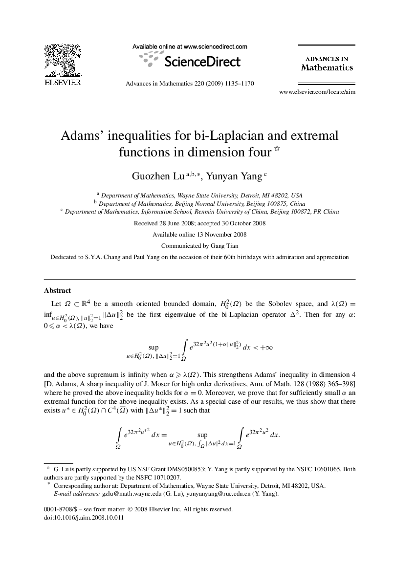 Adams' inequalities for bi-Laplacian and extremal functions in dimension four 