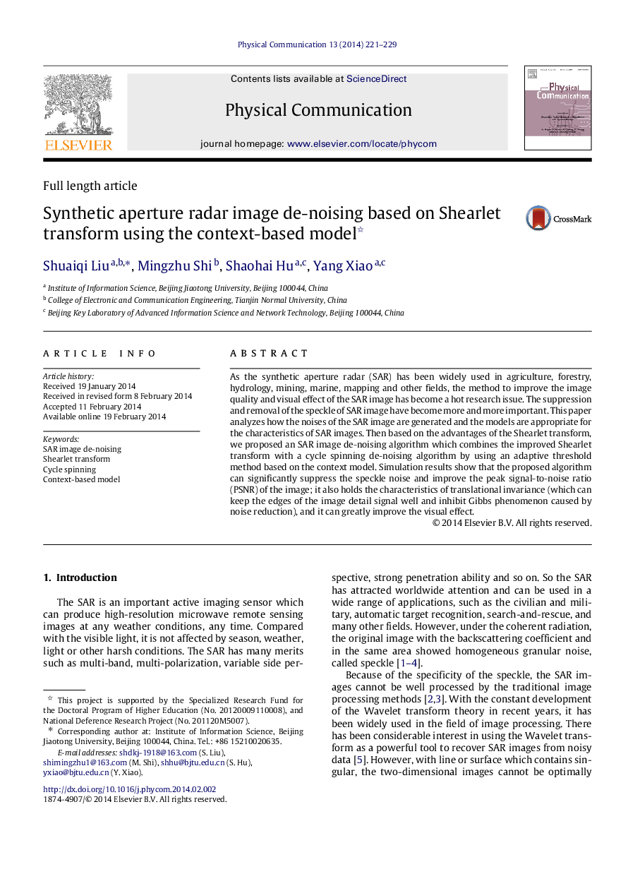 Synthetic aperture radar image de-noising based on Shearlet transform using the context-based model 