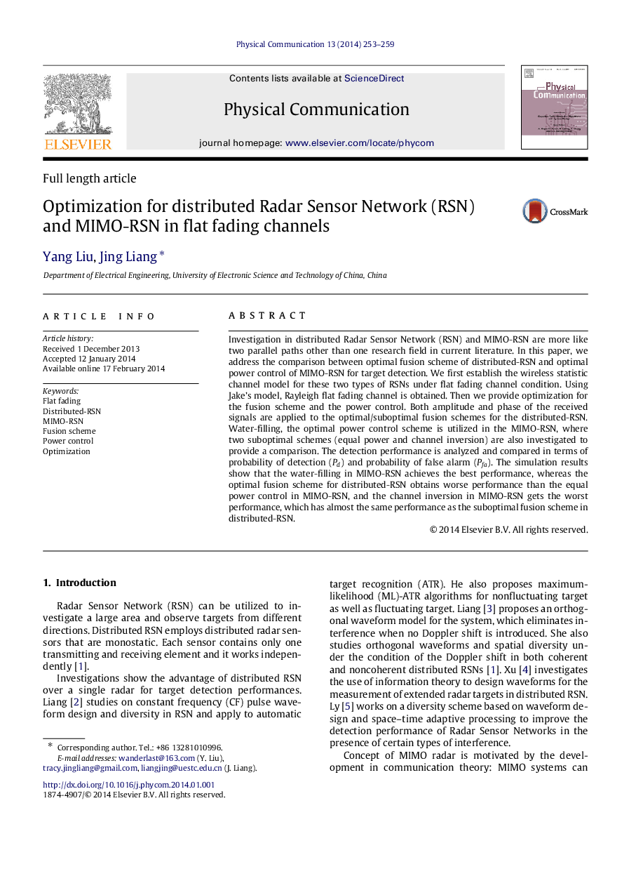 Optimization for distributed Radar Sensor Network (RSN) and MIMO-RSN in flat fading channels