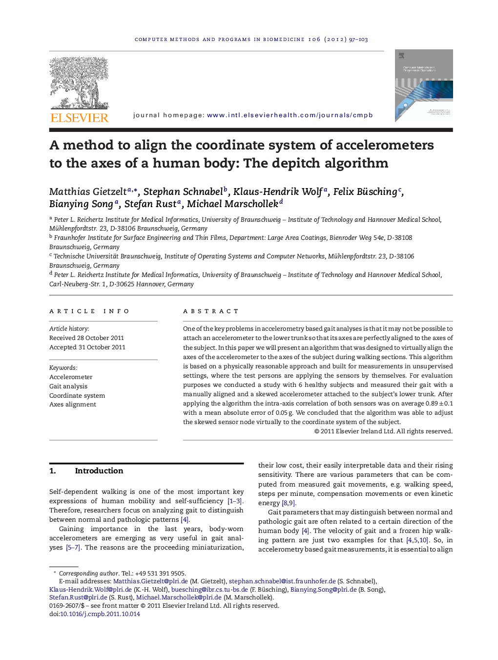 A method to align the coordinate system of accelerometers to the axes of a human body: The depitch algorithm