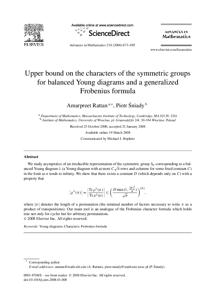 Upper bound on the characters of the symmetric groups for balanced Young diagrams and a generalized Frobenius formula