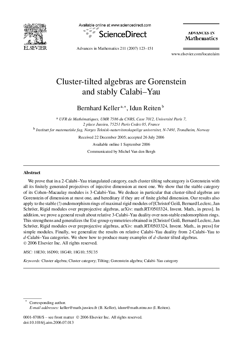 عکس صفحه اول مقاله: Cluster-tilted algebras are Gorenstein and stably Calabi–Yau Cluster-tilted algebras are Gorenstein and stably Calabi–Yau