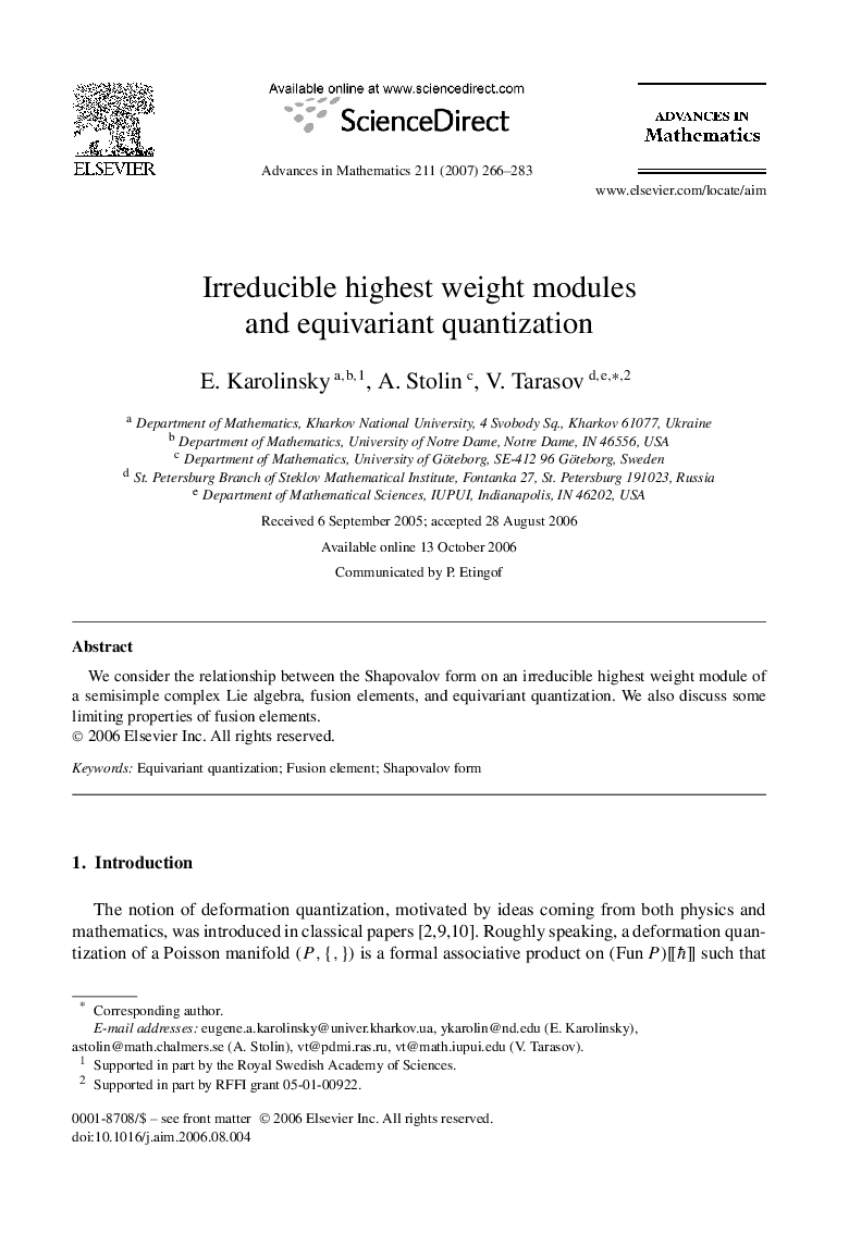 عکس صفحه اول مقاله: Irreducible highest weight modules and equivariant quantization Irreducible highest weight modules and equivariant quantization