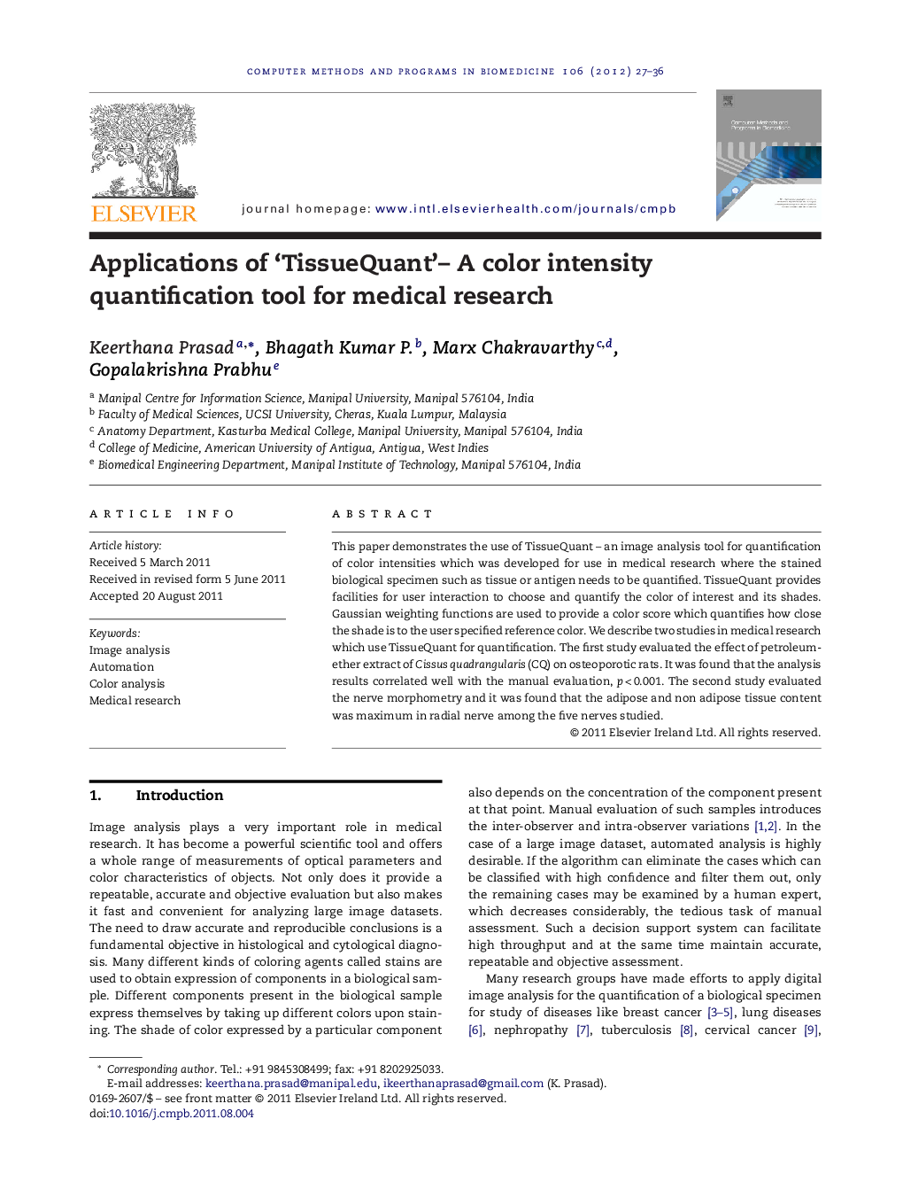 Applications of ‘TissueQuant’– A color intensity quantification tool for medical research