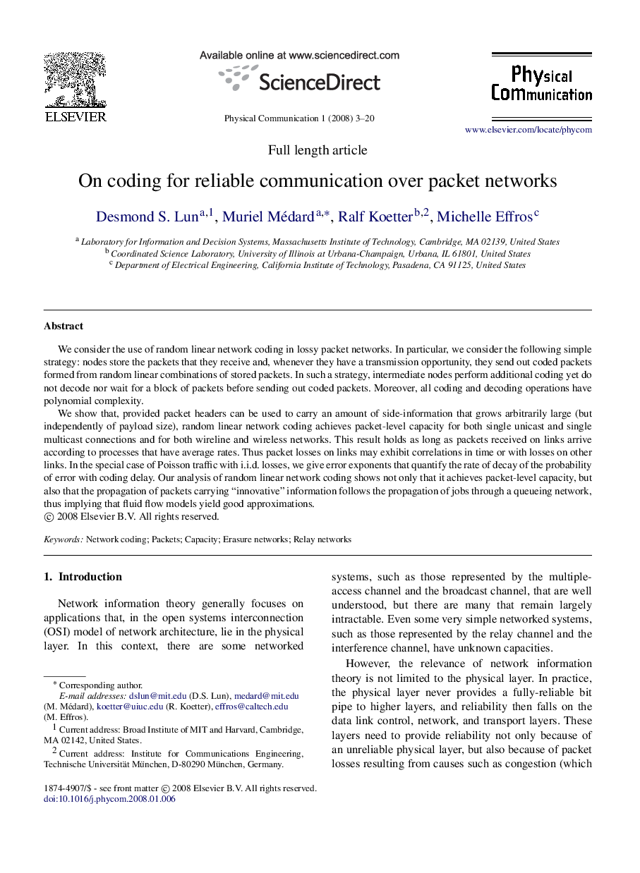 On coding for reliable communication over packet networks