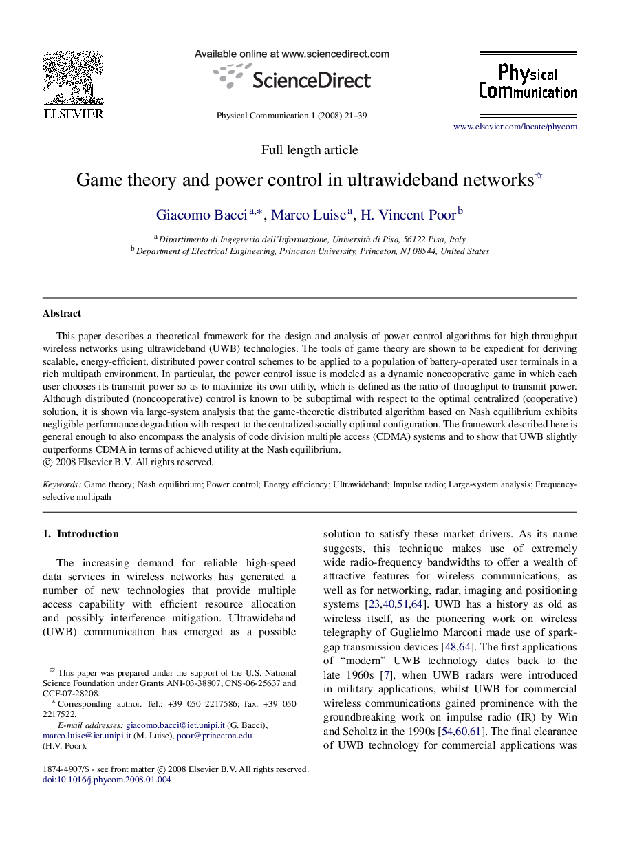 Game theory and power control in ultrawideband networks 