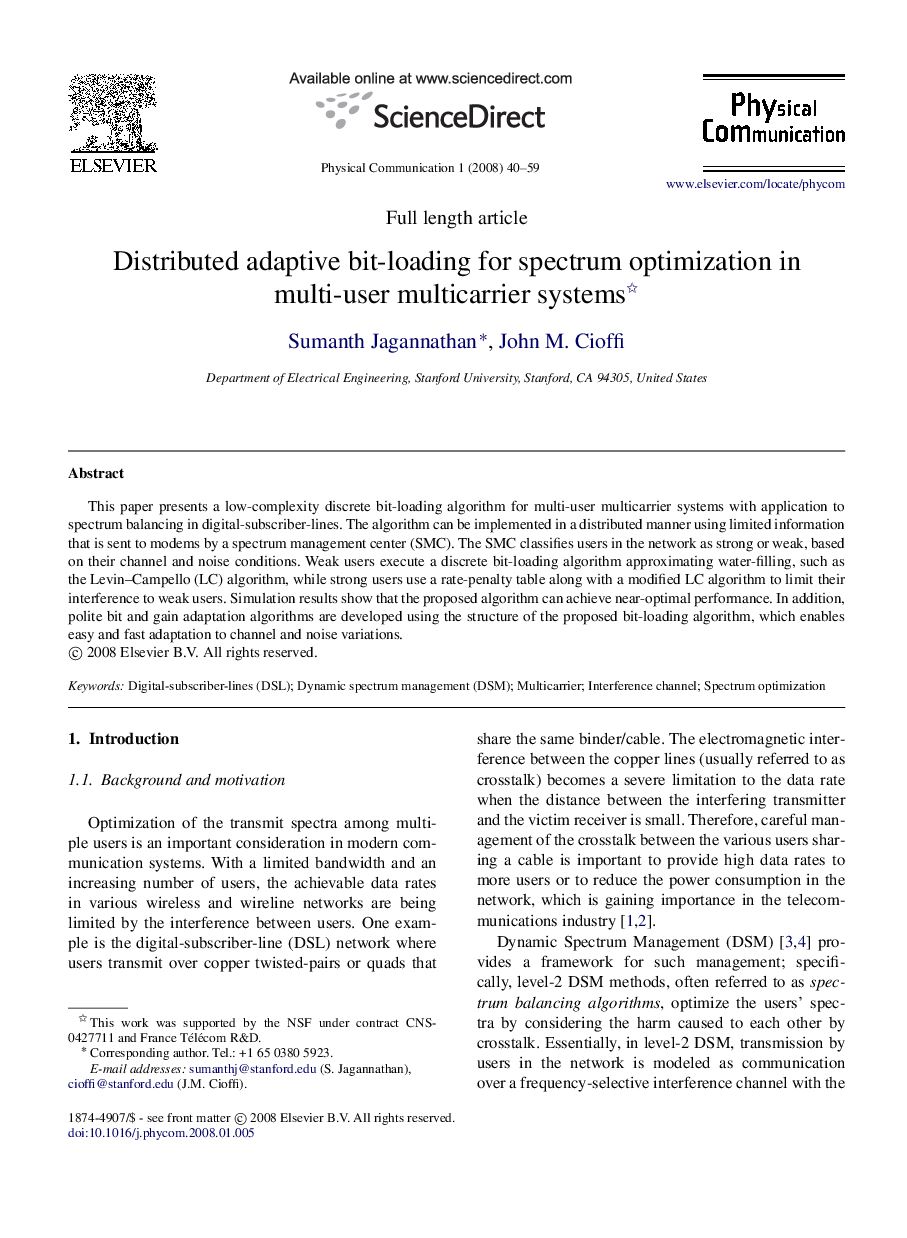 Distributed adaptive bit-loading for spectrum optimization in multi-user multicarrier systems 