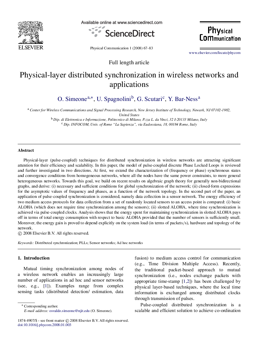 Physical-layer distributed synchronization in wireless networks and applications