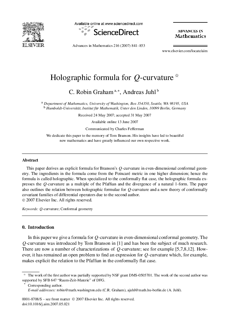 Holographic formula for Q-curvature 