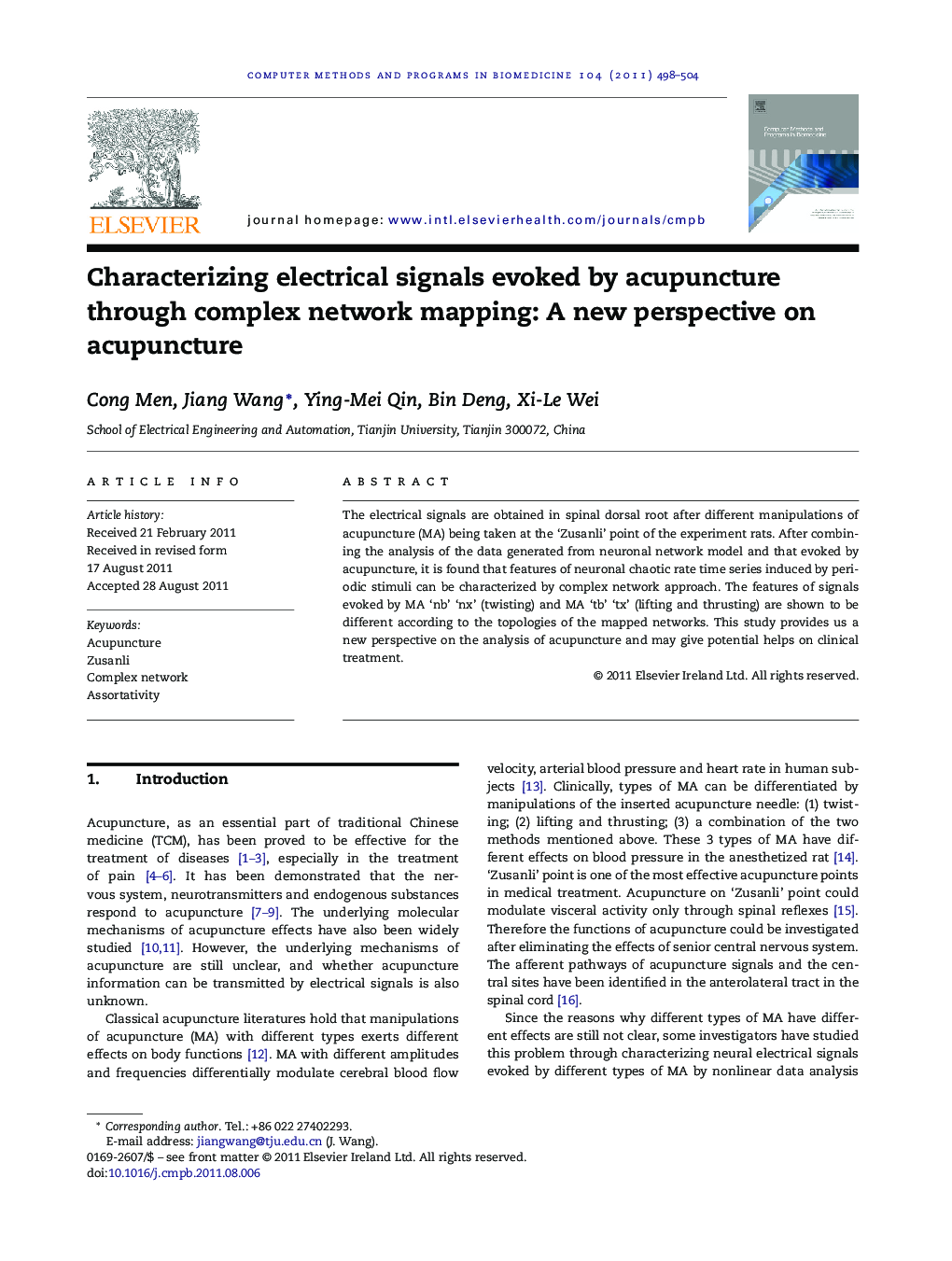 Characterizing electrical signals evoked by acupuncture through complex network mapping: A new perspective on acupuncture