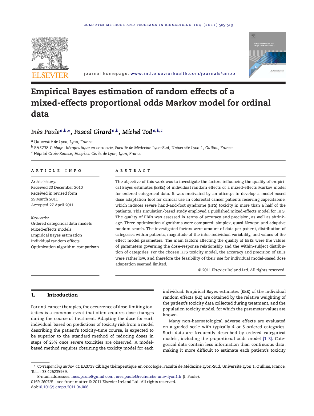 Empirical Bayes estimation of random effects of a mixed-effects proportional odds Markov model for ordinal data