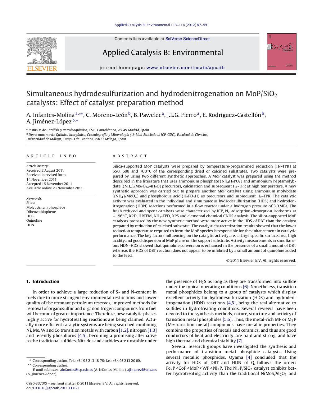 Simultaneous hydrodesulfurization and hydrodenitrogenation on MoP/SiO2 catalysts: Effect of catalyst preparation method