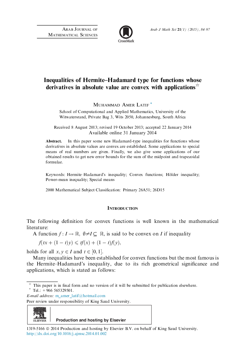 Inequalities of Hermite–Hadamard type for functions whose derivatives in absolute value are convex with applications 